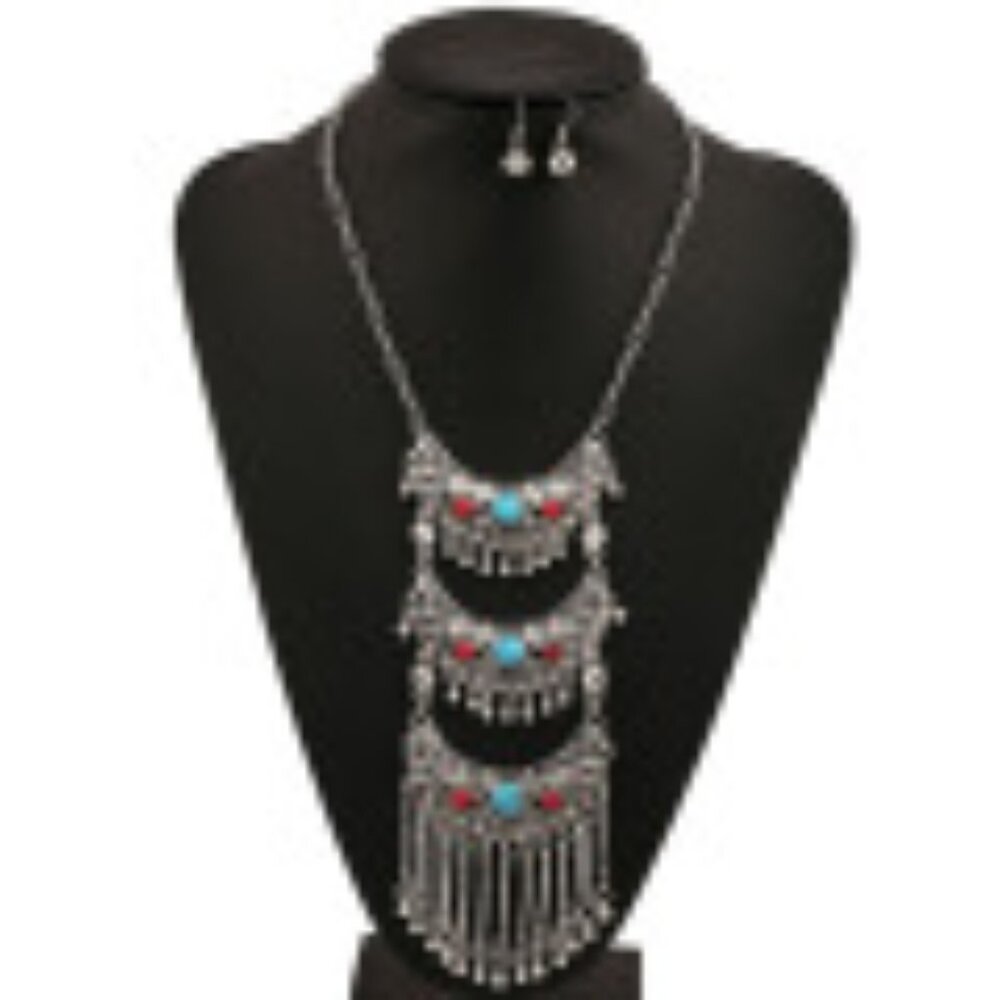#020 Hollow Gemstone Necklace Vintage Tassel Chain with Earrings